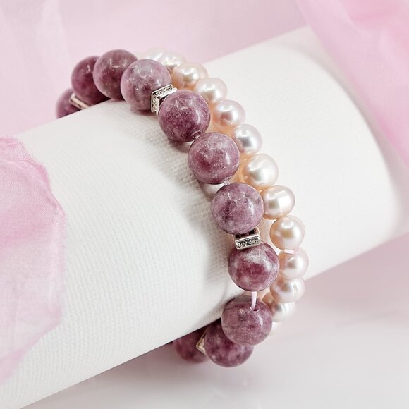 Pearl & Lepidolite Dainty Bracelet Set, Set of 2 Stretch Bracelets - Picture 5 of 11